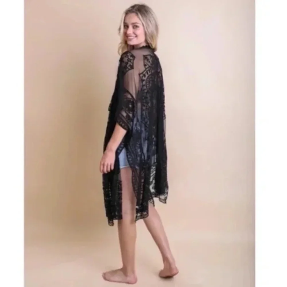 SOLD OUT Black Sheer Floral Lace Mandala Embroidered Mesh Kimono Open Wrap Top - Picture 4 of 4